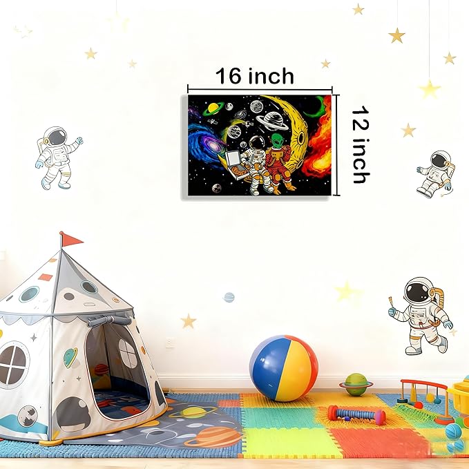 12x16 Space Astronaut Alien Pizza Party Canvas Wall Art Black Cosmic Prints Moon Planet Poster Home Framed Decor Kids Bedroom Fantasy Painting Teen Boy Room Funny Gift Picture Child Study Room Photo