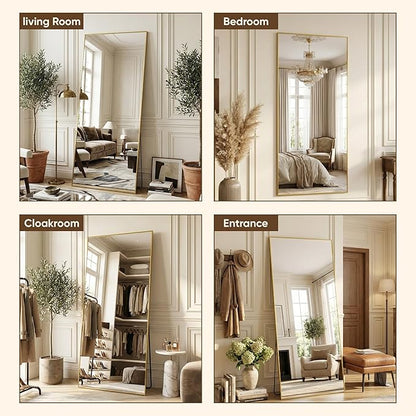 Antok 81''x41'' Full Length Mirror, Shatterproof HD Oversized Floor Mirror with Stand, Aluminum Alloy Frame Leaning Standing or Wall Mounted Mirror for Bedroom Living Room Entryway, Gold