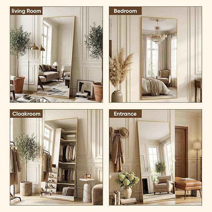 Antok 71''x32'' Full Length Mirror, Shatterproof HD Oversized Floor Mirror with Stand, Aluminum Alloy Frame Leaning Standing or Wall Mounted Mirror for Bedroom Living Room Entryway, Gold