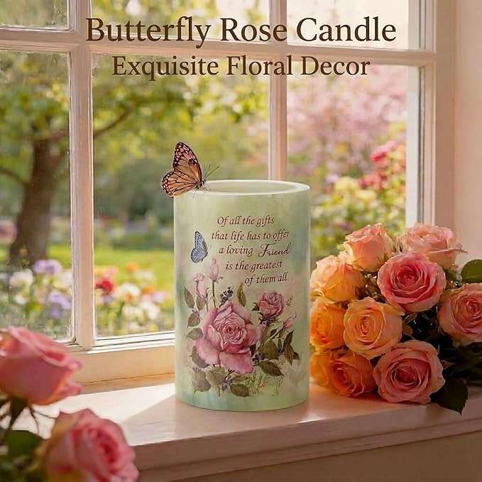 Real Wax Flameless Candle 4x6,Butterfly Rose Flickering LED Pillar Candle with Timer, Battery Operated, Romantic Floral Decor, Wedding & Valentine Centerpiece, Anniversary Decor for Wife or Girlfriend