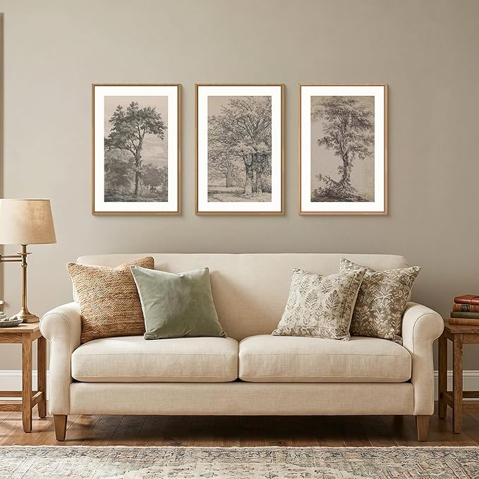 KAIRNE Vintage Tree Sketch Framed Canvas Wall Art Set, Antique Tree Drawings Wall Decor, Retro Forest Art Prints, Modern Nature Landscape Artwork for Living Room, Bedroom, Farmhouse, Office-16 x24 x3