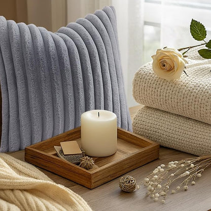 decorUhome Cozy Faux Fur Throw Pillow Covers 24x24 Set of 2 Decorative Soft Plush Striped Modern Farmhouse Boho Couch Euro Sham Pillow Cases with Velvet Back for Sofa Bed Living Room, Grey