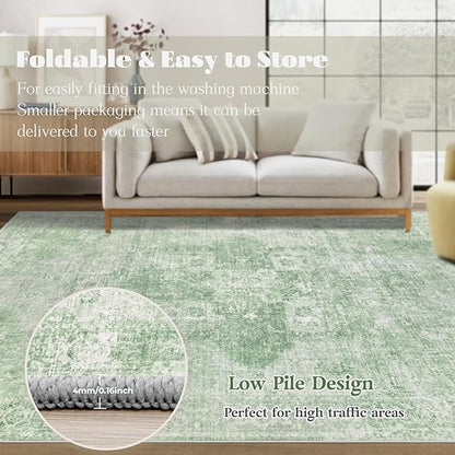 Area Rug 6x9 Washable Rug, Vintage Boho Medallion Rugs Non-Slip Soft Low Pile Large Distressed Rug Indoor Retro Carpet for Living Room Bedroom Dining Room Home Office (SageGreen, 6'x9')