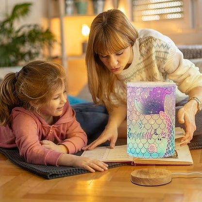 Rainbow Scales Mermaid Bedside Table Lamp for Bedroom with USB Port, Cute Cozy Kids Nightstand Lamp with Wood Base Polyester Fabric Shade for Living Room Dorm Desk (Rainbow02)