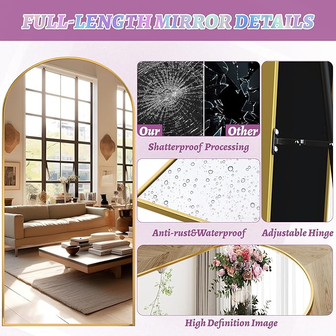 Full Length Mirror, 78"x38" Oversized Floor Mirror Freestanding, Full Body Floor Standing Mirror with Stand, Hanging Mounted for Bedroom Living Room, Gold, Arched Style