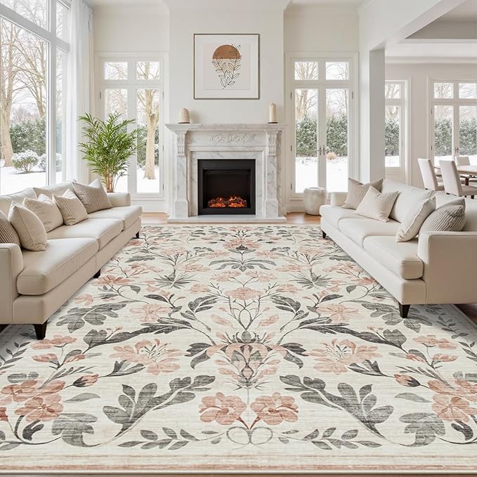 10x14 Area Rugs Washable Rug: Lagre Boho Living Room Rug Soft Non-Slip Thin Carpet Indoor Floor Non-Shedding Neutral Floral Carpets for Bedroom Dining Room Farmhouse Nursery Pink