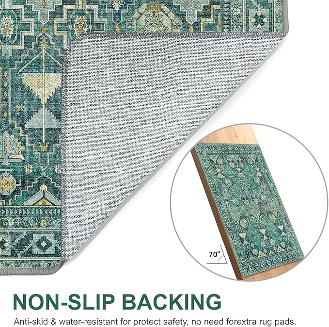 Bavni Washable Rug 9x12 Area Rug for Living Room Bedroom Dining, Washable Vintage Print Carpet, Ultra-Thin Chenille Low Pile Lightweight Rug with Non Slip Backing, Dark Green