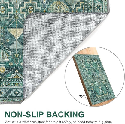 Bavni Washable Rug 9x12 Area Rug for Living Room Bedroom Dining, Washable Vintage Print Carpet, Ultra-Thin Chenille Low Pile Lightweight Rug with Non Slip Backing, Dark Green