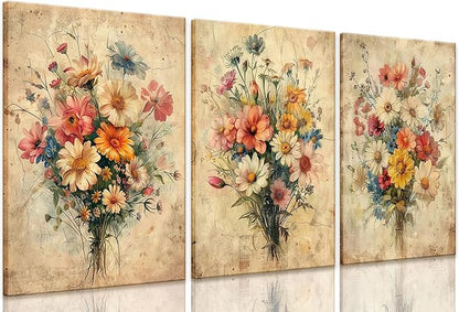 KISSFOX Framed Colorful Wildflower Canvas Wall Art Set Of 3 Flowers Pictures Prints Flowers Printing Floral Watercolors Flower wall Decor Living Room Girls Bedroom Bathroom