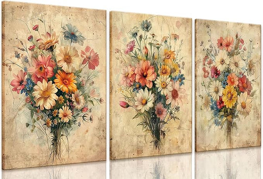 KISSFOX Framed Colorful Wildflower Canvas Wall Art Set Of 3 Flowers Pictures Prints Flowers Printing Floral Watercolors Flower wall Decor Living Room Girls Bedroom Bathroom