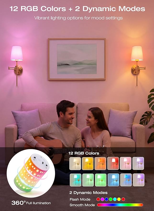 CLOUDY BAY 10000mAh Battery Operated Wall Sconces,Up to 100 Hours with Rechargeable RGB Dimmable Magnetic Bulb,Cordless Wall Lighting Fixtures with Remote for Bedroom,Soft Gold,2 Pack-18.6inch