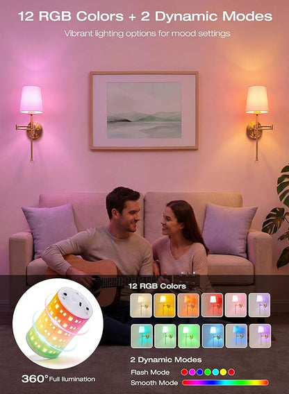 CLOUDY BAY 10000mAh Battery Operated Wall Sconces,Up to 100 Hours with Rechargeable RGB Dimmable Magnetic Bulb,Cordless Wall Lighting Fixtures with Remote for Bedroom,Soft Gold,2 Pack-18.6inch