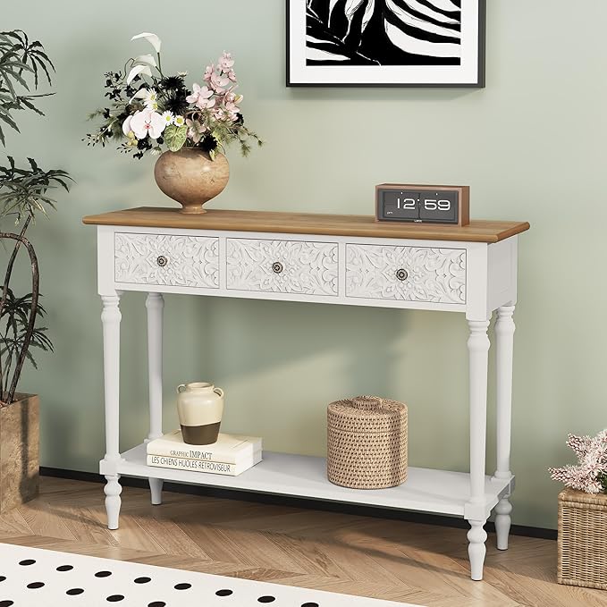 3More Entryway Console Table with 3 Drawers,42" Carved Hallway Table with Open Shelf,Long Sofa Table for Living Room, Hallway, Behind Couch,White