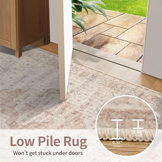 Rugxara 5x7 Soft Pink Washable Area Rug for Living Room & Bedroom, for Girls Women, Non Slip, Durable Low Pile Carpet, Vintage Carpets for Office, Dining Room, Kids Room and Farmhouse