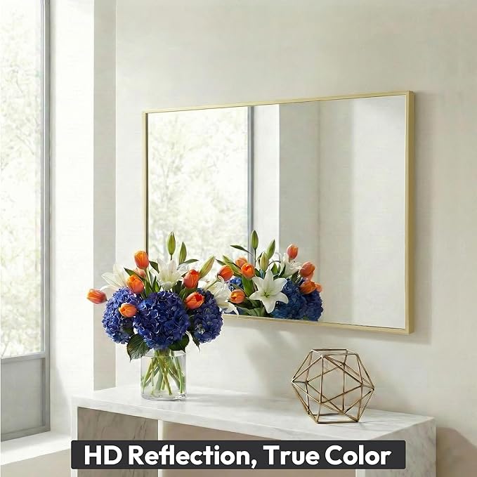 30" x 48" Gold Wall Mirror, 48" x 30" Large Metal Framed Accent Mirror, Horizontal Decor for Dining Room & Bathroom Vanity