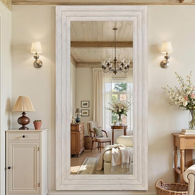 Antok Full Length Mirror with Solid Wood Frame, 81"×41" Wall Mounted Oversized Floor Mirror with Stand, Leaning Standing Hanging for Bedroom Living Room Entryway, White, Rect Style