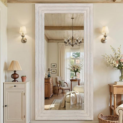 Antok Full Length Mirror with Solid Wood Frame, 81"×41" Wall Mounted Oversized Floor Mirror with Stand, Leaning Standing Hanging for Bedroom Living Room Entryway, White, Rect Style