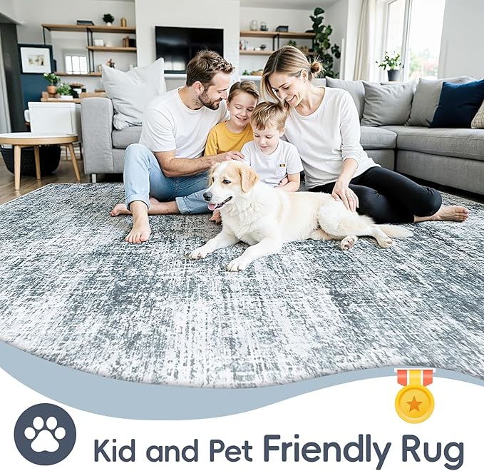 5x7 Area Rugs Washable Rug:Anti-Skid Abstract Modern Living Room Rug Soft Thin Carpets Indoor Floor Non-Shedding Carpet for Bedroom Dining Farmhouse Nursery Home Office(Light Slate Blue/White, 5x7)