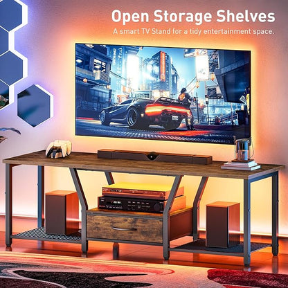 RALGEND TV Stand with LED Lights, for TVs up to 55 Inches, 47" Entertainment Center with Fabric Drawer & Soundbar Shelf, Media Console Table for Living Room, Bedroom, Rustic Brown and Black 1201DSDBB