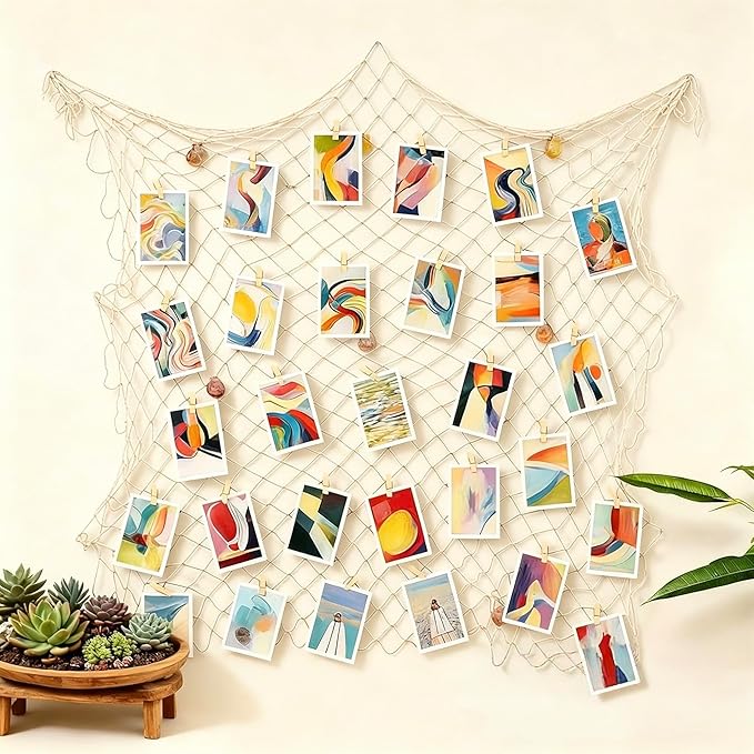 Decorative Fishing Net 2 Pack, Patioland 80x40 Inch Large Beige Fish Net Decor for Wall, Photo Display, Nautical Mermaid Pirate Ocean Themed Beach Hawaii Under the Sea Party Decorations