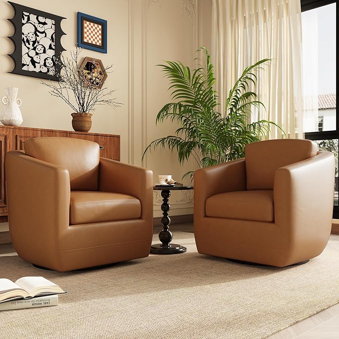 MALOL 360° Swivel Accent Chair- Comfy Living Room Armchair No-Sag Foam & Sturdy Metal Base with Pillow, Fully Assembled Swivel Accent Single Sofa for Bedroom, Office, Brown