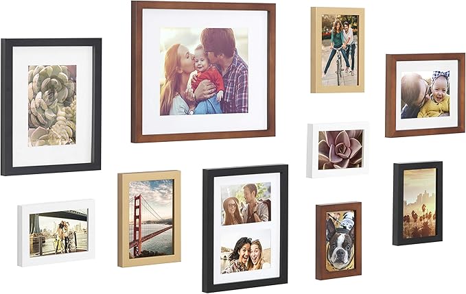 Kate and Laurel Gallery Mid-Century Wood Wall Frame Set, Set of 10, Walnut Brown, Gold, Black, and White