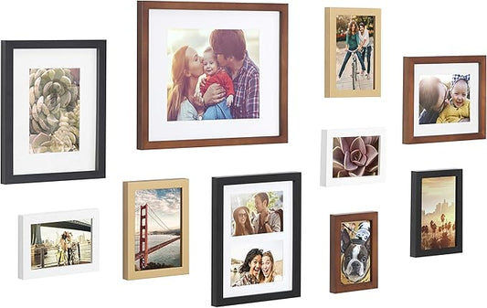 Kate and Laurel Gallery Mid-Century Wood Wall Frame Set, Set of 10, Walnut Brown, Gold, Black, and White