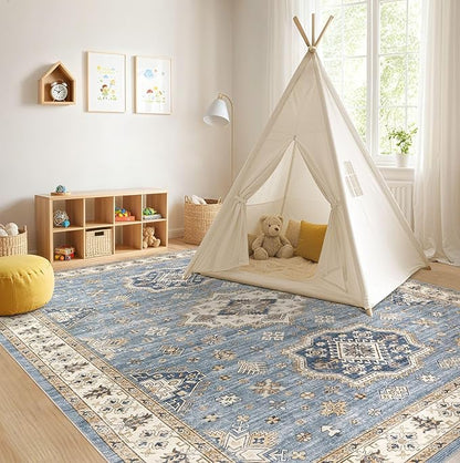 EIEIHOUSE Washable Area Rugs for Living Room -10x12 Neutral Vintage Distressed Floral Farmhouse Boho Large Soft Floor Rug Indoor Non Slip Carpet for Living Room Bedroom Dining Room Office - Blue