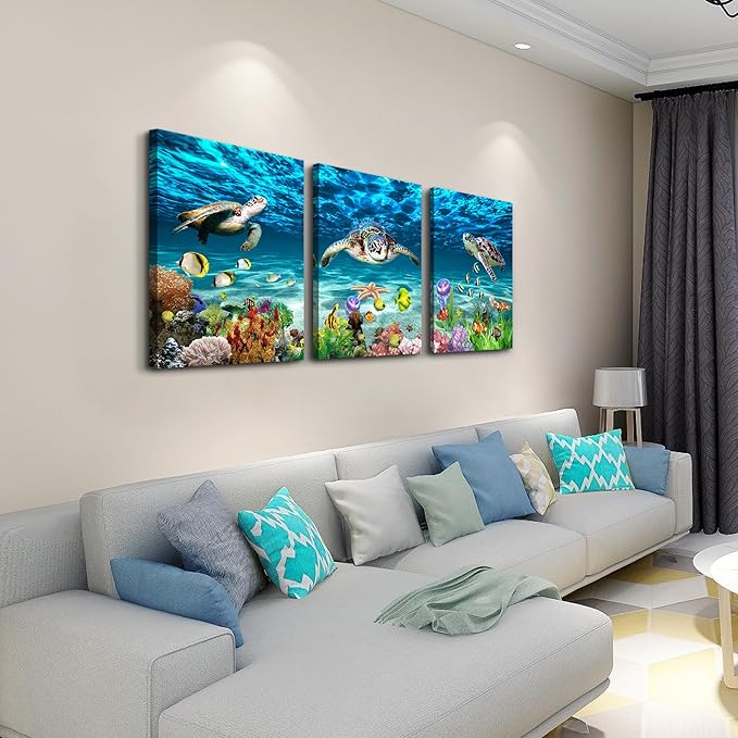 Lapremoly Family Wall Decor for Living Room Canvas Wall Art for Bedroom Bathroom Wall Decoration Ocean Sea Turtle Scenery Paintings Modern Pictures Artwork office Ready to Hang Home Decor 3 Pieces