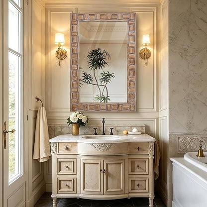 36x24 Inch Rustic Rectangle Wall Mirror - Solid Wood Frame Bathroom Vanity Mirror for Over Sink, Entryway, Living Room & Bedroom