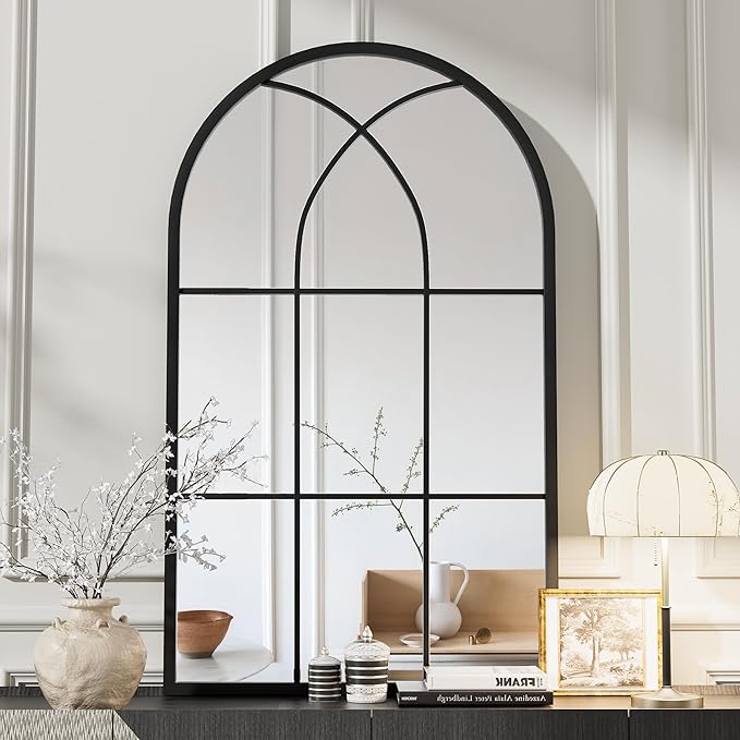 Rowjut Arched Wall Mirror 42" x 24" Window ＆ Wall Decorative Mirror, Iron Framed Window Pane Mirrors, Arched Top Wall Mirror for Entryway Living Room, Bedroom, Fireplace (Black)