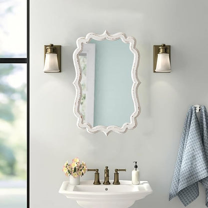 Vintage Scalloped White Mirrors for Wall Decor Living Room 13 X 20 Inches, Distressed Finish Carved Wooden Framed Hanging Makeup Mirror, Bathroom Vanity Mirrors, Horizontal or Vertical