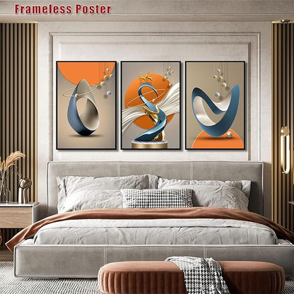 3 Pcs Modern Abstract Canvas Wall art Golden Deer Luxury Foil Lines Paintings Pictures Wall Decor White Blue orange color Grey posters Prints for Living Room Bedroom Office Home Decoration Unframed