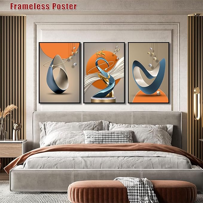 3 Pcs Modern Abstract Canvas Wall art Golden Deer Luxury Foil Lines Paintings Pictures Wall Decor White Blue orange color Grey posters Prints for Living Room Bedroom Office Home Decoration Unframed