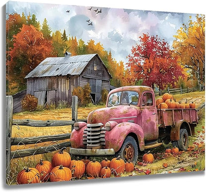 LB Fall Pumpkin Truck Wall Art Vintage Red Truck with Autumn Pumpkins in Farm Canvas Wall Art Farmhouse Harvest Wall Art Decor for Living Room Bedroom Bathroom Office Framed Ready to Hang 12L x 16W