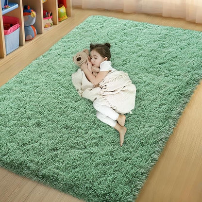qulint Bedroom Area Rug 4x6, Fluffy Soft Shag Sage Green Rugs for Living Room, Fuzzy Plush Small Carpet for Nursery Shaggy Alfombra for Boys and Girls Dorm Kid Room Home Decor (4ft x 6ft, Sage Green)