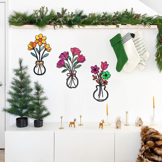 3 Pieces Metal Vase Flowers Wall Arts Decor, Rustic Farmhouse Style Décor Metal Wall Decors Sculptures, Minimalist Flower Natural Themed Decorations for Home Bedroom Gifts(Colorful-C)