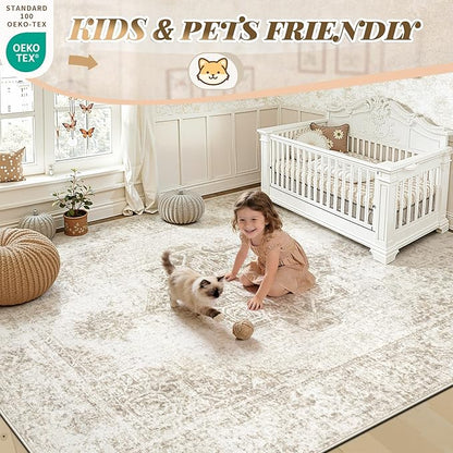 9x12 Area Rugs for Living Room, Washable Vintage Boho Medallion Rug Non Slip Low Pile Floor Carpet for Bedroom Dining Room Home Office (Beige, 9'x12')