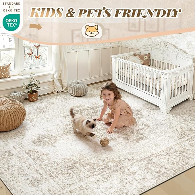 6x9 Area Rugs for Living Room, Washable Vintage Boho Neutral Medallion Rug Non Slip Low Pile Floor Carpet for Bedroom Nursery Dining Room (Beige, 6'x9')