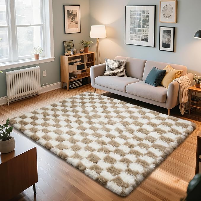 Checkered Rug for Bedroom, 5x8 Beige and White Area Rugs, Classic Checkered Carpets Shag Area Rug, Bedside Rugs for Living Room Bedroom Kids Room Home Decor