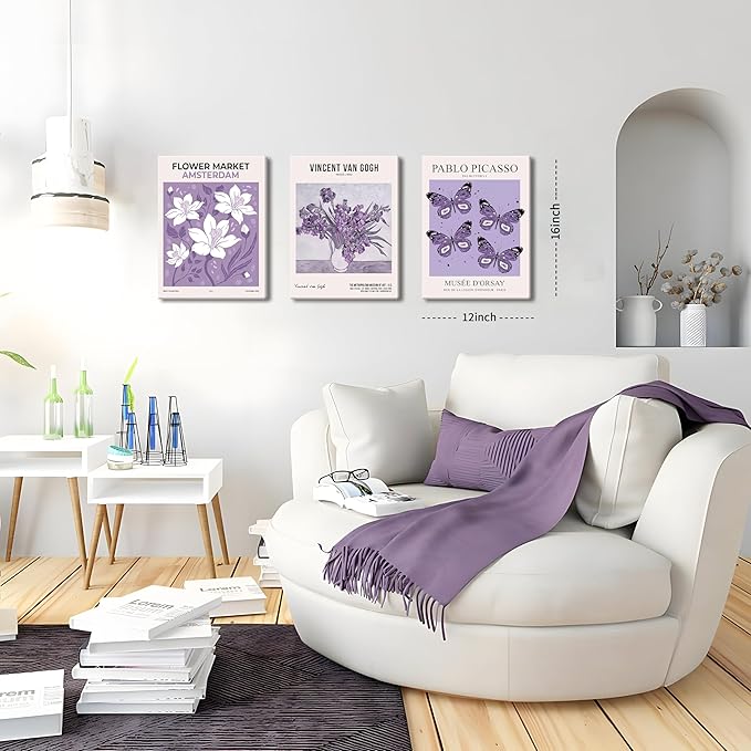 Van Gogh Canvas Wall Art Set of 3, Purple Lavender Flower Market Wall Decor Paintings, Picasso Butterfly Aesthetic Posters Prints Room Decor for Teen Girls Dorm Bedroom Bathroom 12x16In Framed