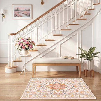RELEANY Area Rugs 2'6"x4' Kitchen Rugs Entry Rug Small Rugs for Entryway Kitchen Bathroom Door Mat Indoor Entrance,Washable Non Slip, Light Pink Colorful