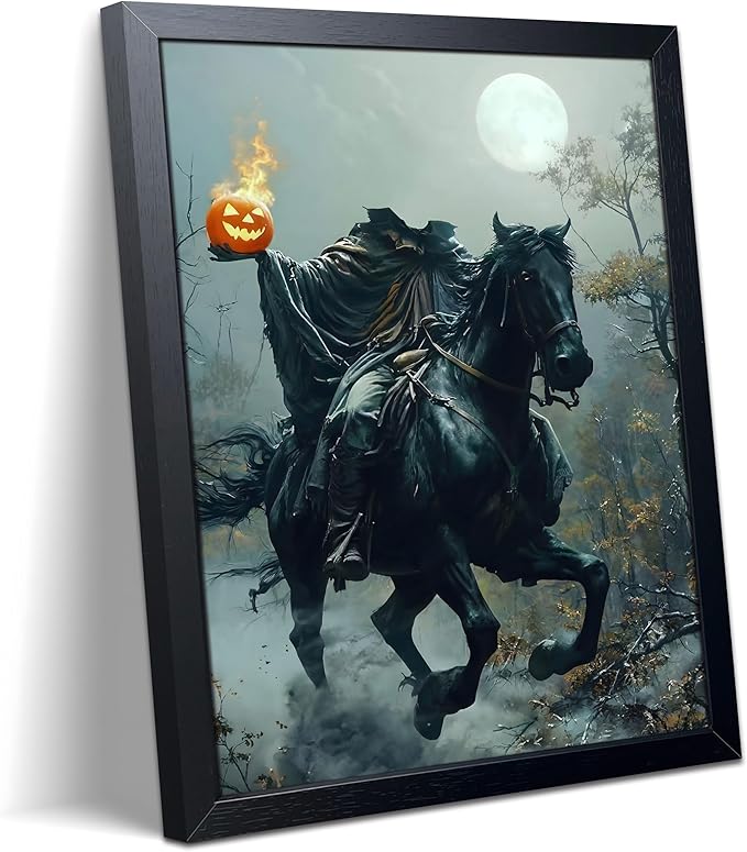 Halloween Headless Horseman Wall Art Canvas Framed Poster Painting Print Picture, Spooky Rider with Flaming Pumpkin Artwork, Gothic Horror Decor for Living Room Bedroom Home Bar Halloween Decoration 8x10 Inch