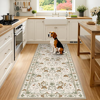 Floral 2x10 Runner Rug with Non Slip Low Pile Washable Entryway Rug,Soft Vintage Runner for Hallway Kitchen Living Room Bedroom Bathroom,Beige White