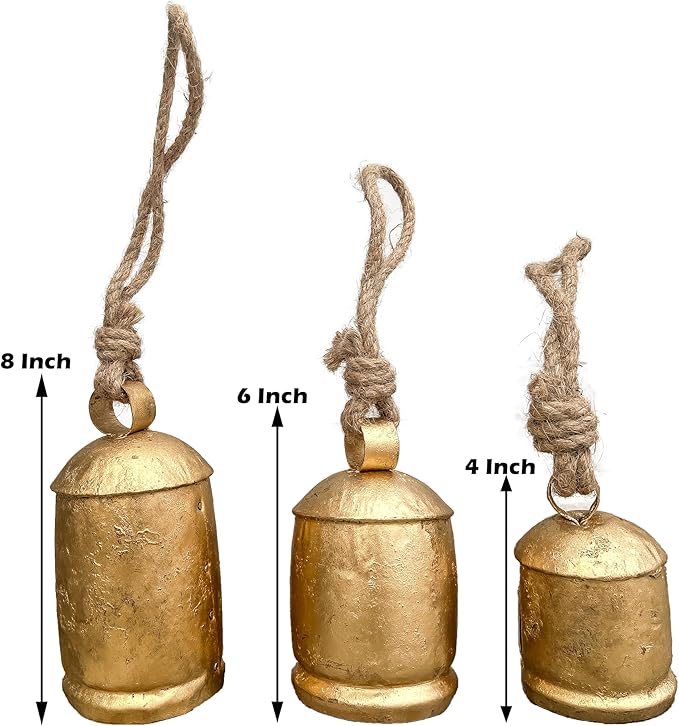 Vintage Metal Harmony Bells, Rustic Farmhouse Door Hanging Cow Bells, Gold Shabby Chic Christmas Decor, Bells for Christmas Wreath, Set of 3 with Jute Rope