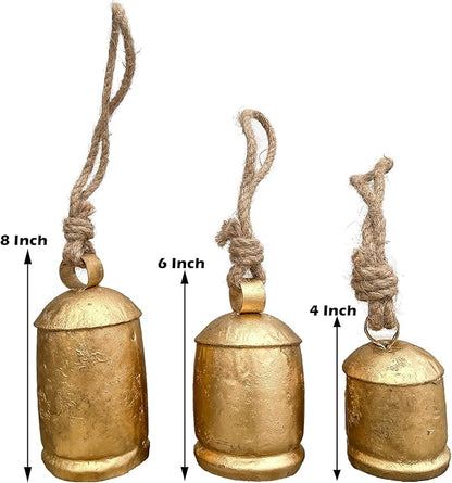 Vintage Metal Harmony Bells, Rustic Farmhouse Door Hanging Cow Bells, Gold Shabby Chic Christmas Decor, Bells for Christmas Wreath, Set of 3 with Jute Rope