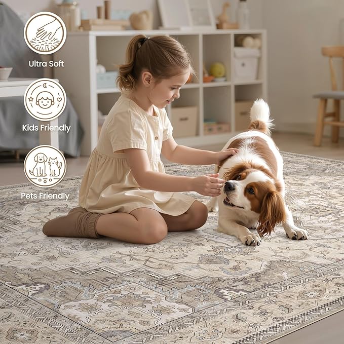EIEIHOUSE Washable Area Rugs for Living Room -10x13 Neutral Vintage Distressed Floral Farmhouse Boho Large Soft Floor Rug Indoor Non Slip Carpet for Living Room Bedroom Dining Room Office-Brown/Multi