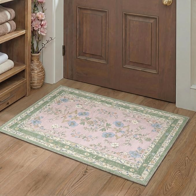 GENIMO Runner Rug 2x5 Non Slip Machine Washable Vintage Hallway Runner Rug, Low Pile Lightweight Rugs for Entryway, Hallway, Kitchen and Corridor, Light Green Pink