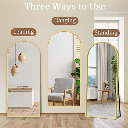 GlasFlength Full Length Mirror with Stand, 64"x21" Arched Full Body Mirror with Aluminum Alloy Frame, Wall-Mounted/Leaning Against Wall/Standing Floor Mirror for Bedroom, Living Room, and Entryway
