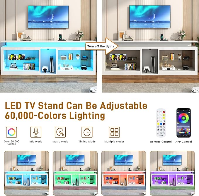 80" LED TV Stand with Power Outlet,60-Colors LED Lights For 80 85 90in TV,High Gloss Gaming Entertainment Center w/Adjustable Shelves,White TV Console with Modern Design for Living Room Bedroom